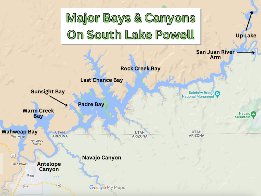 Major bays & canyons of Lake Powell South Map