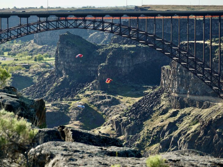 Base jumpers jumping off the Perrine Bridge in Twin Falls, ID