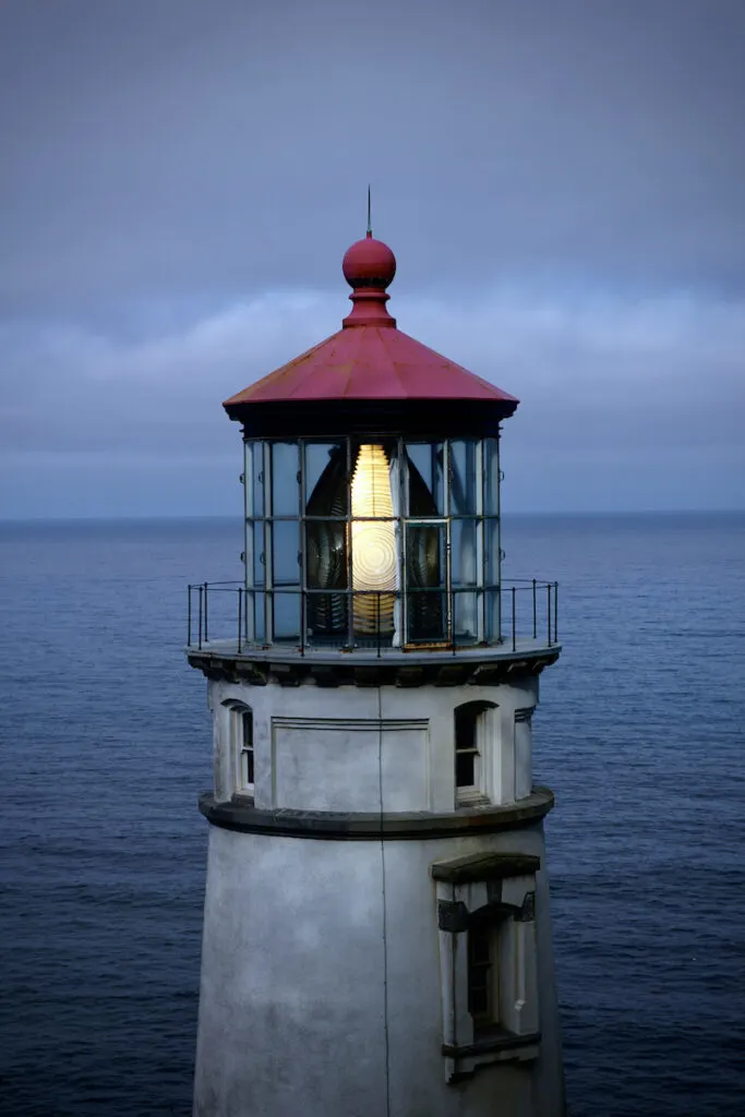 A close-up moody photo of Heceta Head Lighthouse.