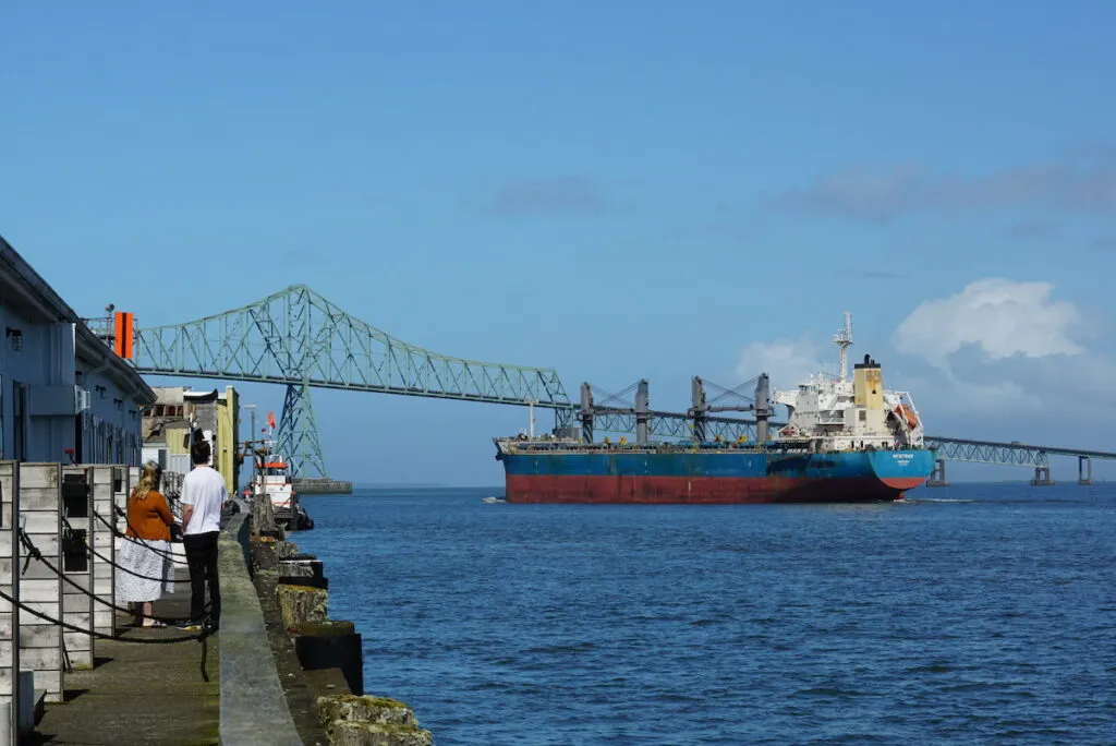 The Astoria Megler Bridge and cargo ship.