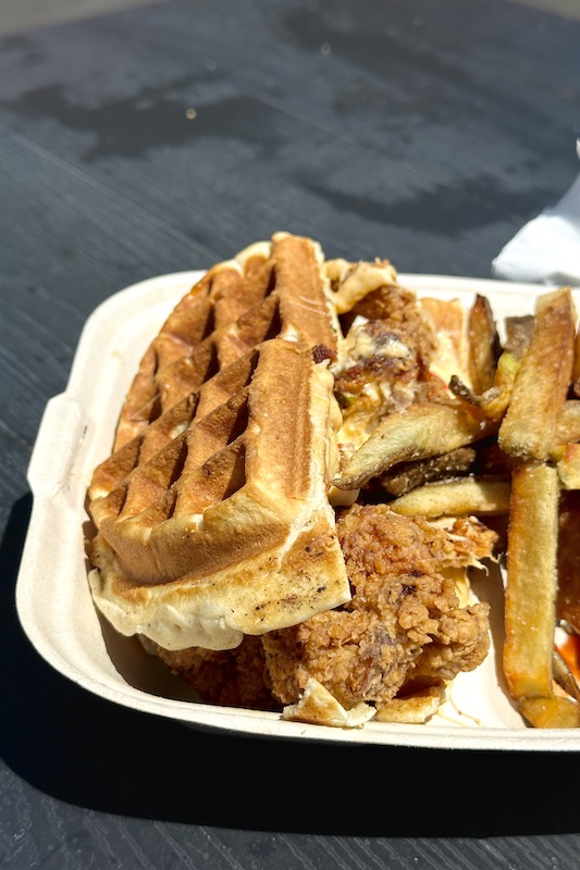 A fried chicken sandwich from the Surf 2 Soul food truck.