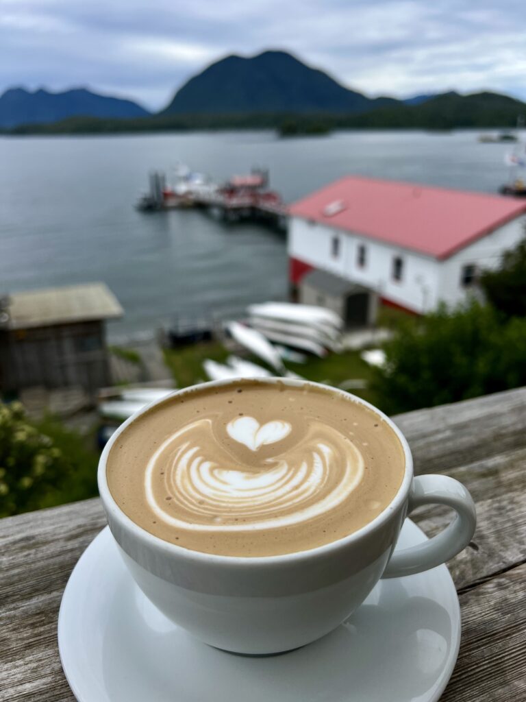 beautiful latte art with a view from the Harborview coffeehouse patio