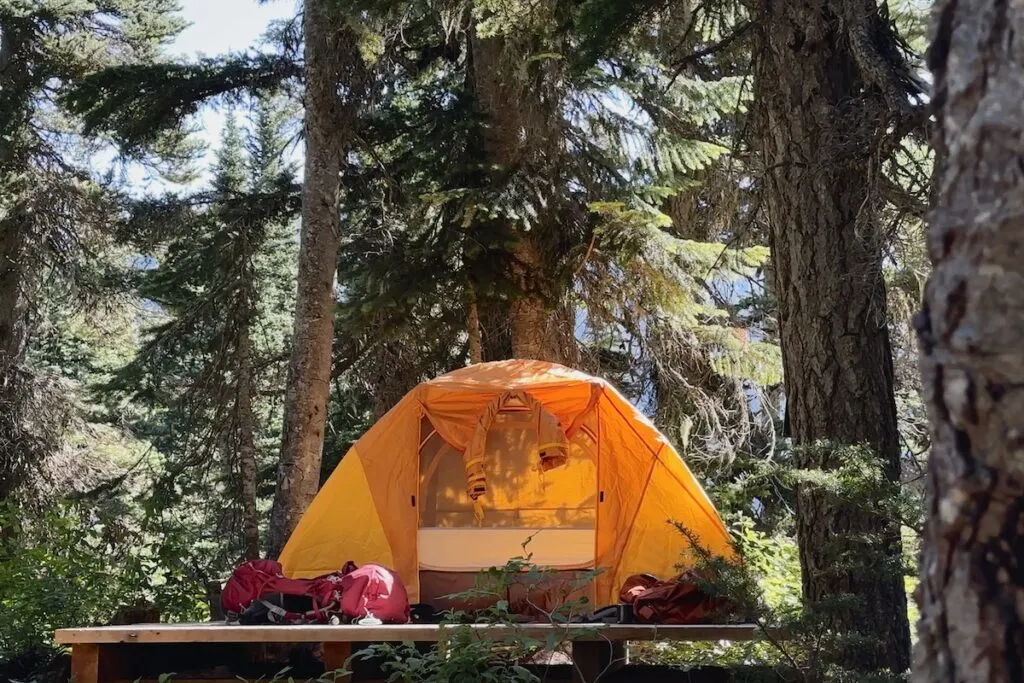 An orange tent at Garibaldi Lake Campground.