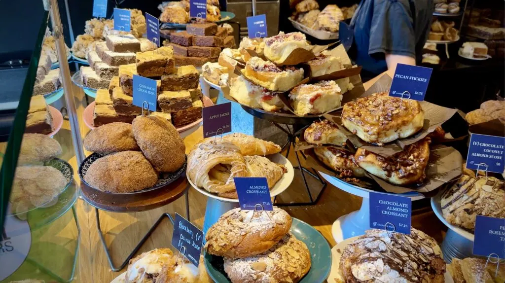 an abundance of tasty baked goods in the viewing cabinet at Purebread in Whistler