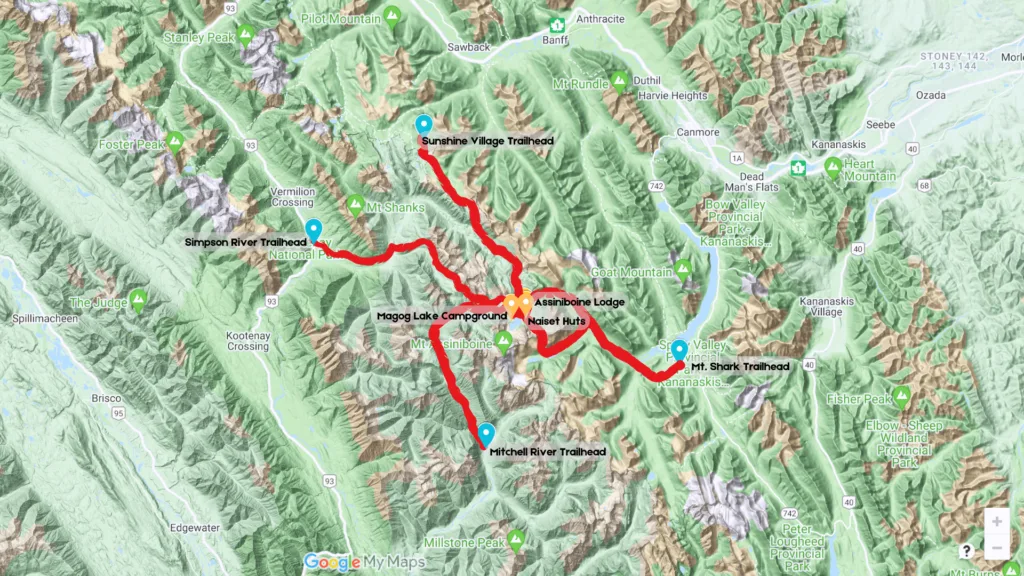 a map of the 4 Different Trailheads to Access Mount Assiniboine