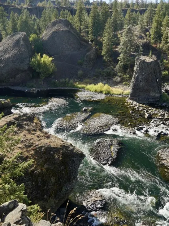 a view from the cliffs edge of the Bowl and Pitcher at Riverside State Park