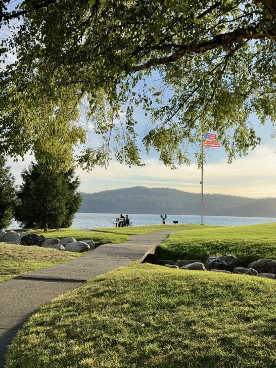 a view of Lake Couer d'Alene with a couple sitting on a bench and the green grass highlighted