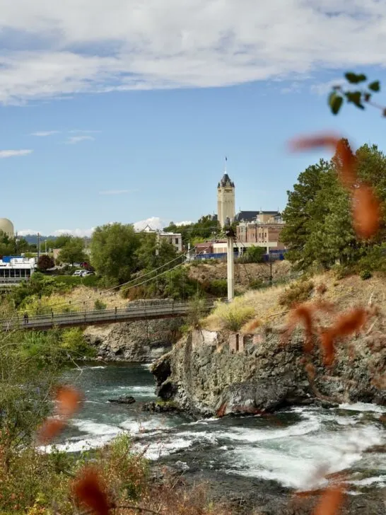 a view of the upper Spokane Falls suspension bridge