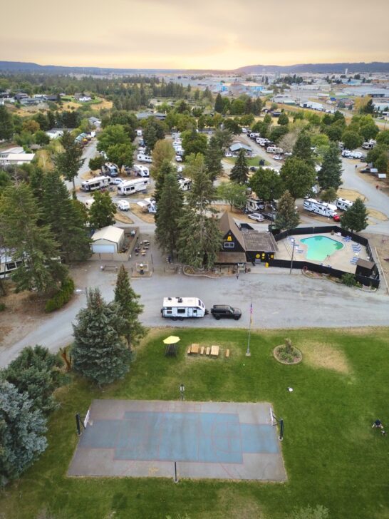 an aerial view of the whole Spokane KOA Journey, including the basketball court