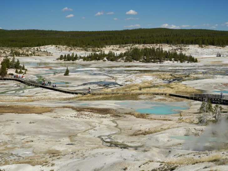 view of Porcelain Basin loop from the upper boardwalks in Norris Geyser Basin