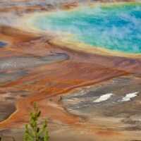 close up view of Grand Prismatic Spring from the upper overlook