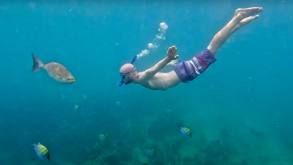 Jake free diving in Chileno Bay with fish surrounding him