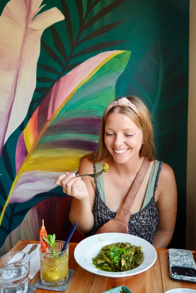 Emily eating a gnocchi from Father Field Bistro