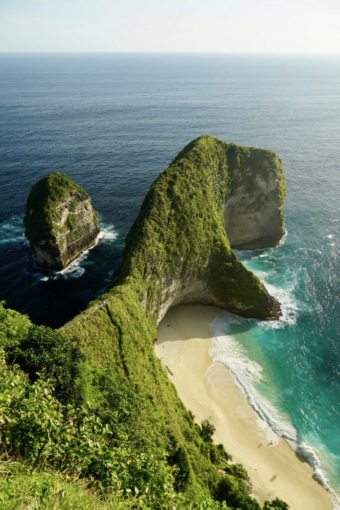 a top down view of Kelingking Beach in Nusa Penida