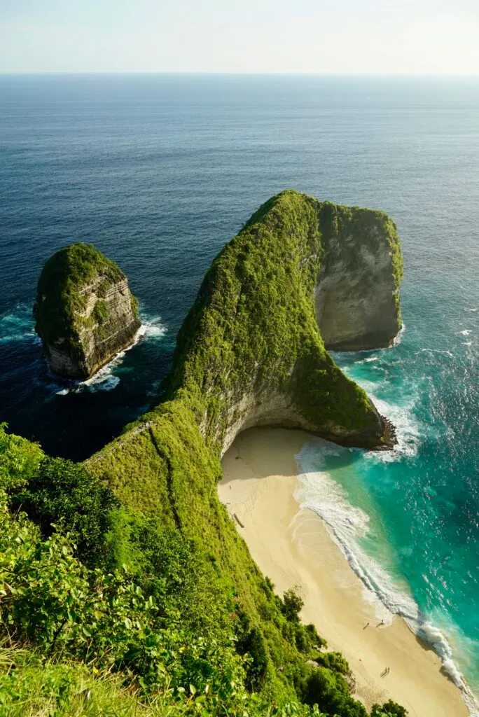 a top down view of Kelingking Beach in Nusa Penida