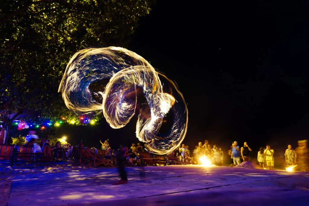 Long exposure of the free Fire Show at Freedom Bar in Phi Phi Islands