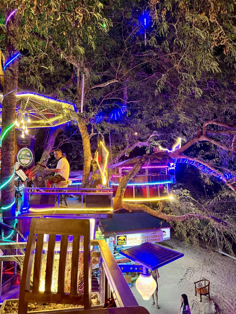 the fun lights lit up at night at Treehouse Restaurant