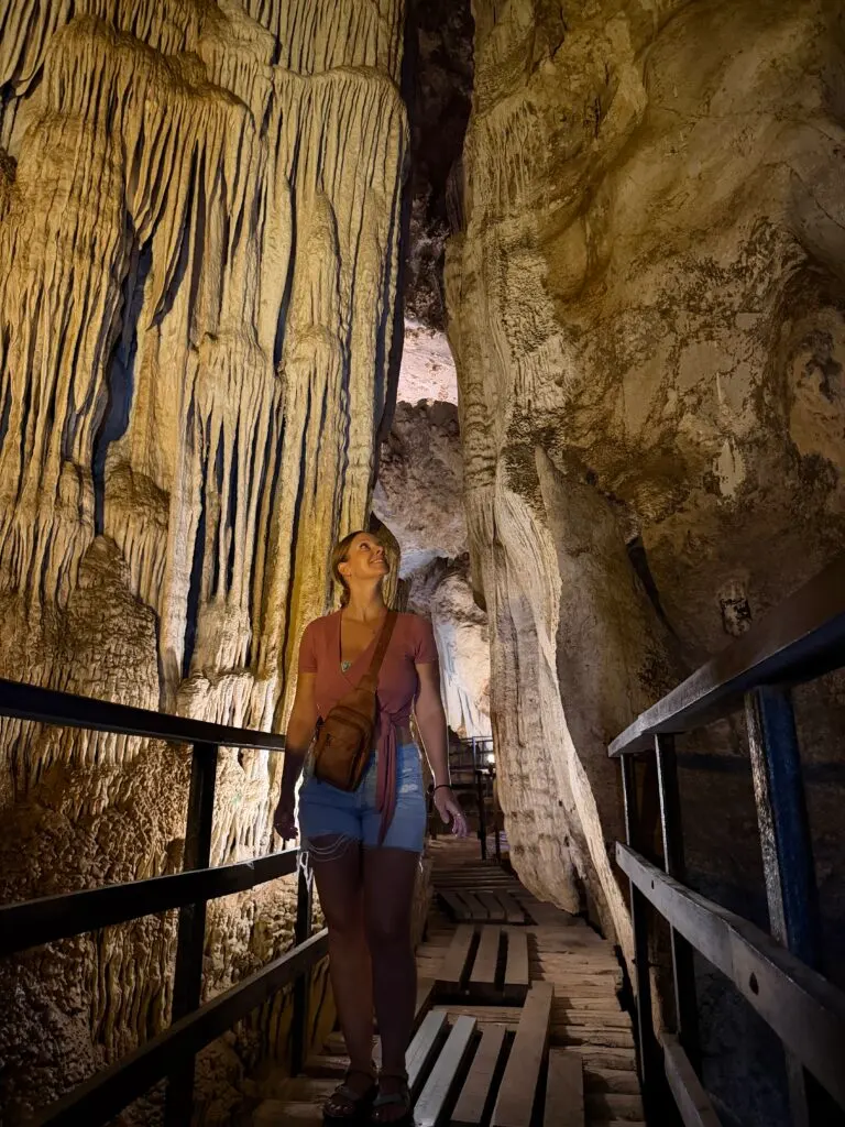 Emily looking up at the cool stalagmites in Diamond Cave