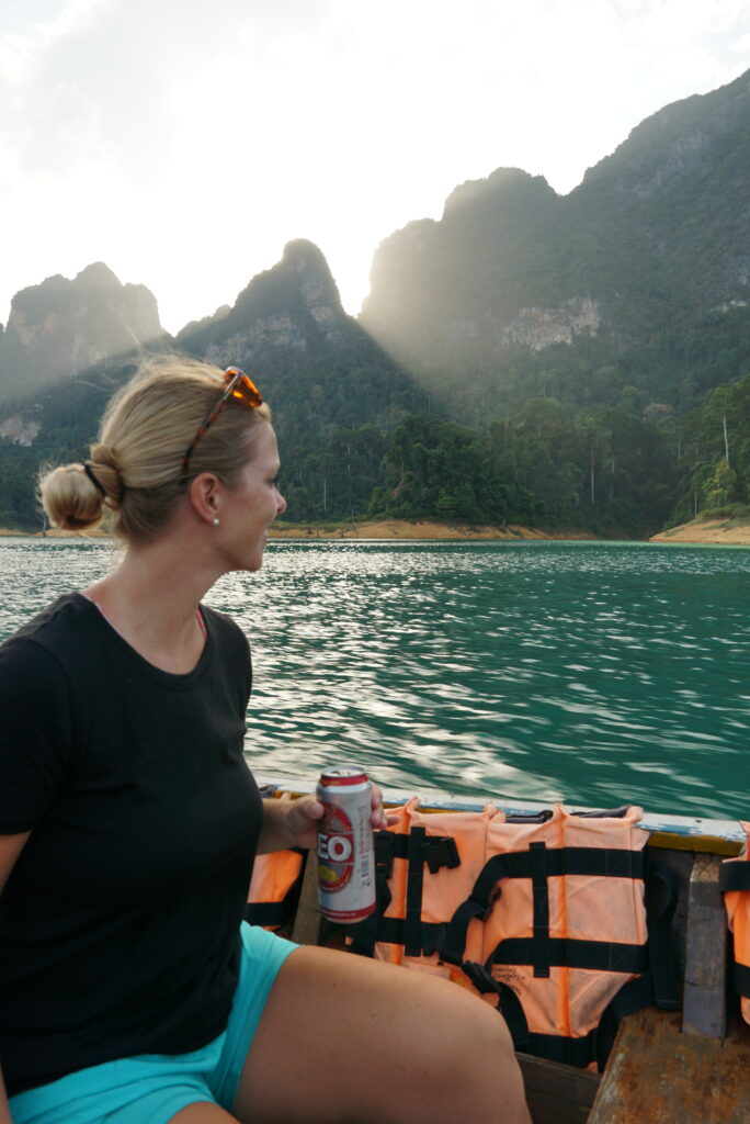 Em riding on a boat tour in Khao Sok