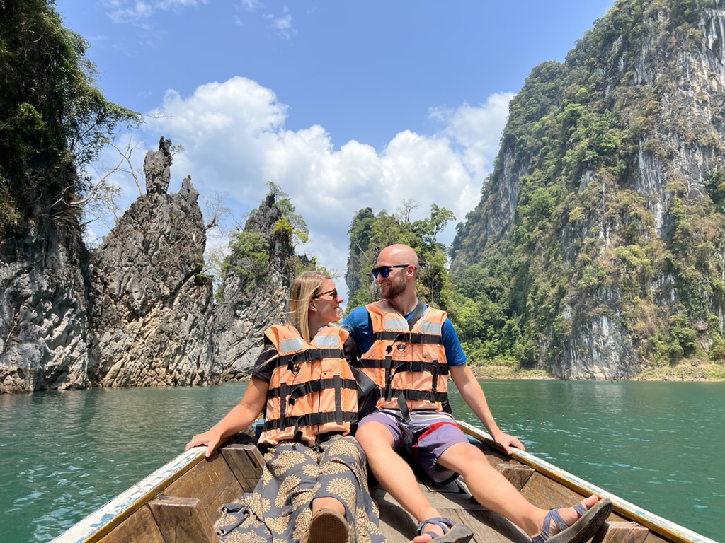 Emily and Jake posing in from of Guilin Viewpoint in Khao Sok Lake