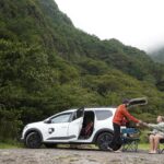 Jake handing Em a coffee cup sitting outside their Vanscape Rental
