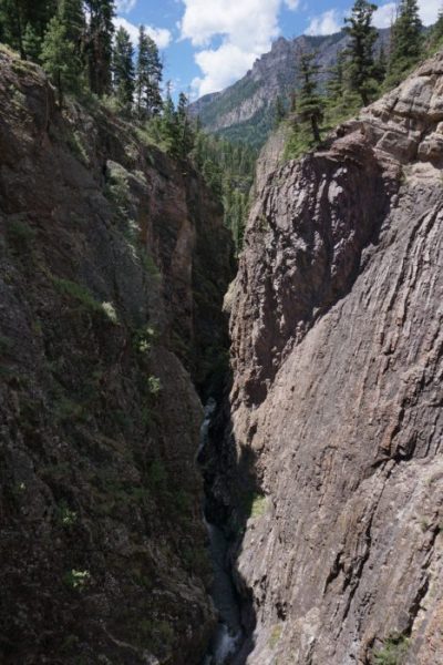 view down the canyon at box canyon, ouray, co